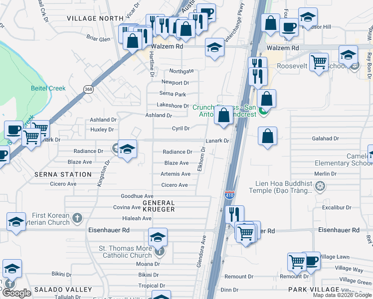 map of restaurants, bars, coffee shops, grocery stores, and more near 571 Blaze Avenue in San Antonio