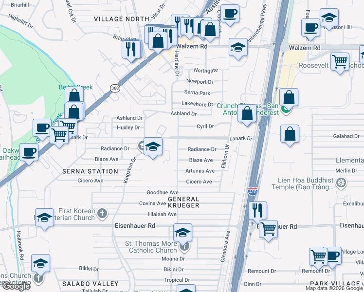 map of restaurants, bars, coffee shops, grocery stores, and more near 507 Radiance Drive in San Antonio