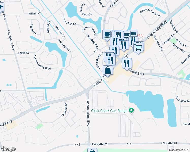 map of restaurants, bars, coffee shops, grocery stores, and more near 2320 East League City Parkway in League City