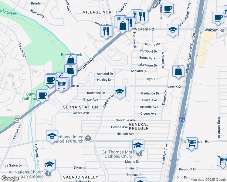 map of restaurants, bars, coffee shops, grocery stores, and more near 438 Lanark Drive in San Antonio
