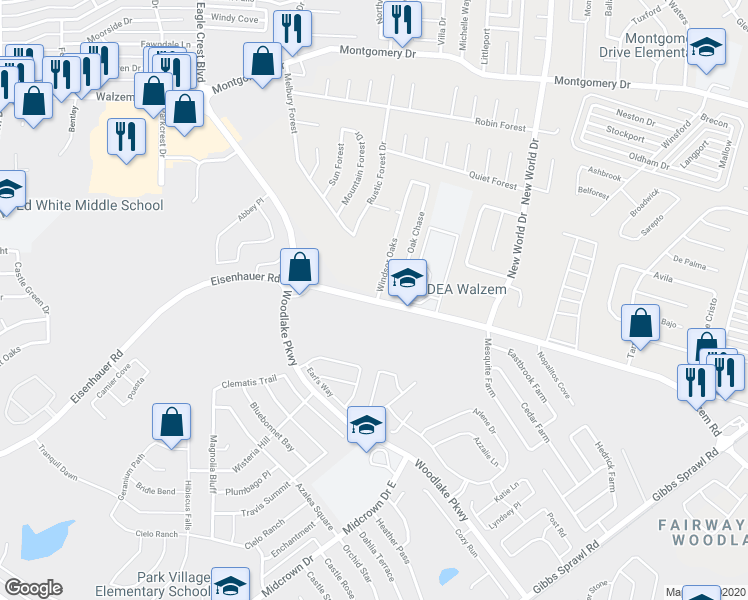 map of restaurants, bars, coffee shops, grocery stores, and more near 6409 Walzem Road in San Antonio