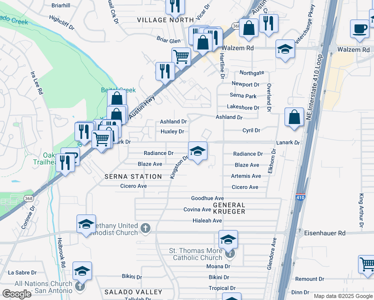 map of restaurants, bars, coffee shops, grocery stores, and more near 438 Lanark Drive in San Antonio