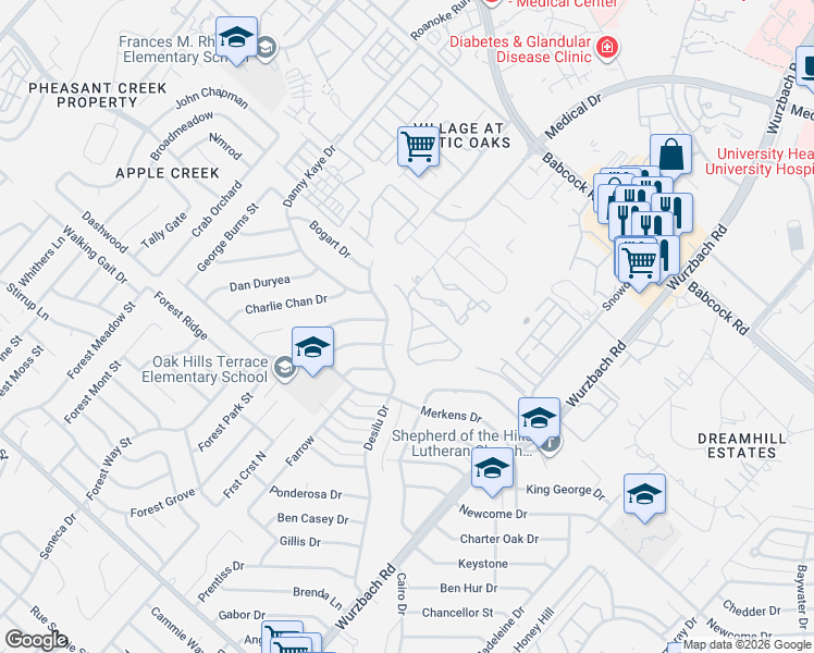 map of restaurants, bars, coffee shops, grocery stores, and more near 7135 Summer Way in San Antonio