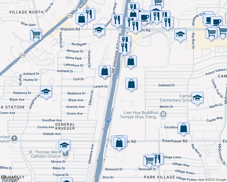 map of restaurants, bars, coffee shops, grocery stores, and more near North Interstate 35 in San Antonio