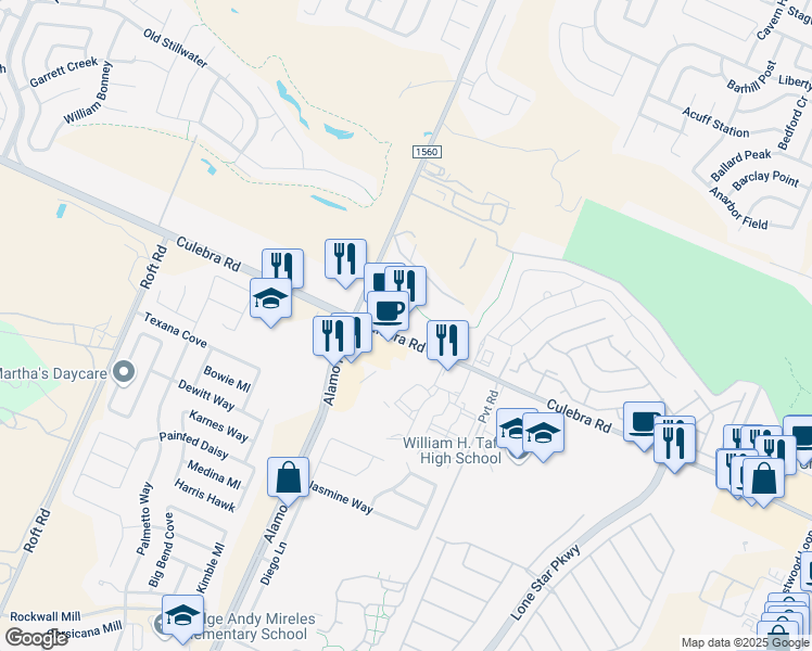 map of restaurants, bars, coffee shops, grocery stores, and more near 11823 Culebra Road in San Antonio