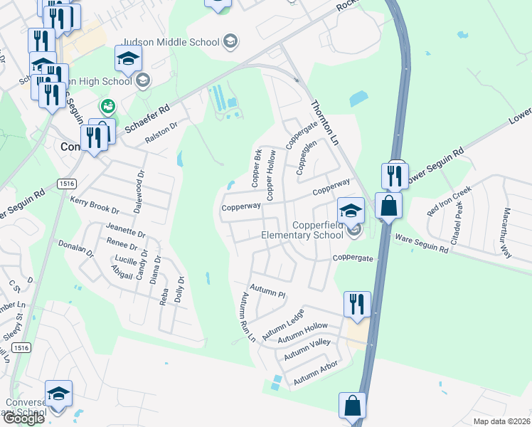 map of restaurants, bars, coffee shops, grocery stores, and more near 7514 Copper Nest in Converse