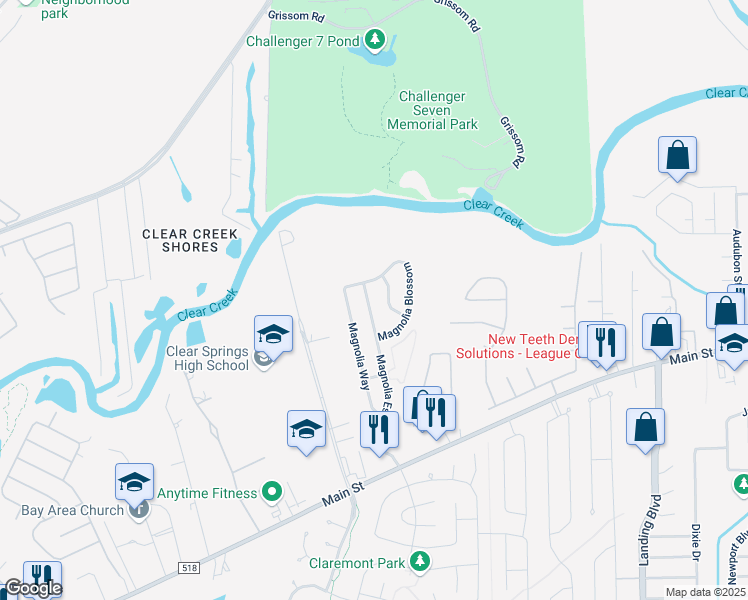 map of restaurants, bars, coffee shops, grocery stores, and more near 407 Magnolia Estates Drive in League City