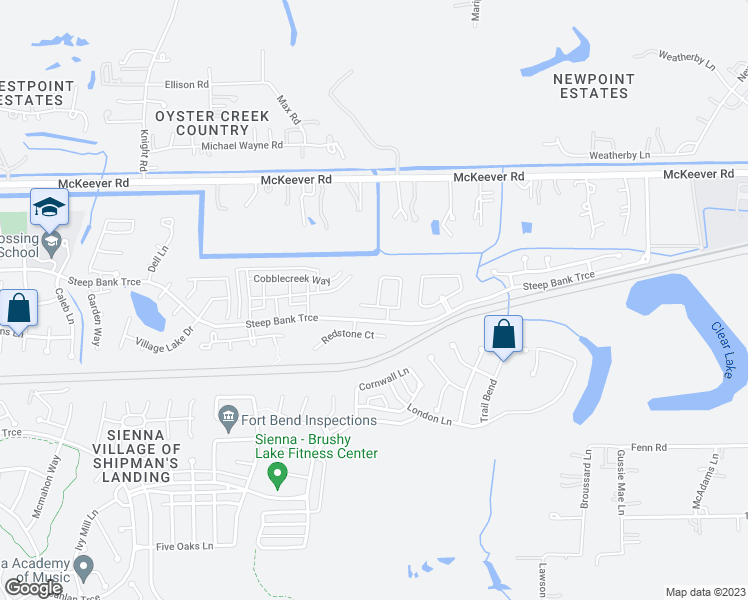 map of restaurants, bars, coffee shops, grocery stores, and more near 10923 Tattershall Lane in Missouri City