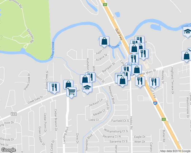 map of restaurants, bars, coffee shops, grocery stores, and more near 211 Williamsport Street in League City