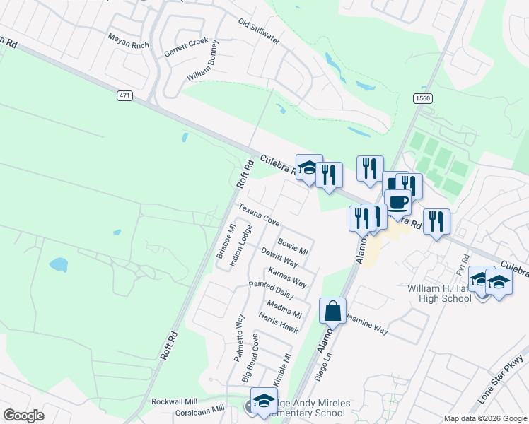 map of restaurants, bars, coffee shops, grocery stores, and more near 12111 Potter Circle in San Antonio