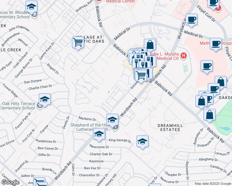 map of restaurants, bars, coffee shops, grocery stores, and more near 7223 Snowden Road in San Antonio