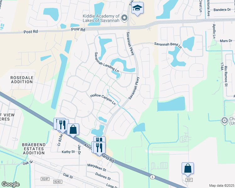 map of restaurants, bars, coffee shops, grocery stores, and more near 13809 Castle Bluff Lane in Rosharon