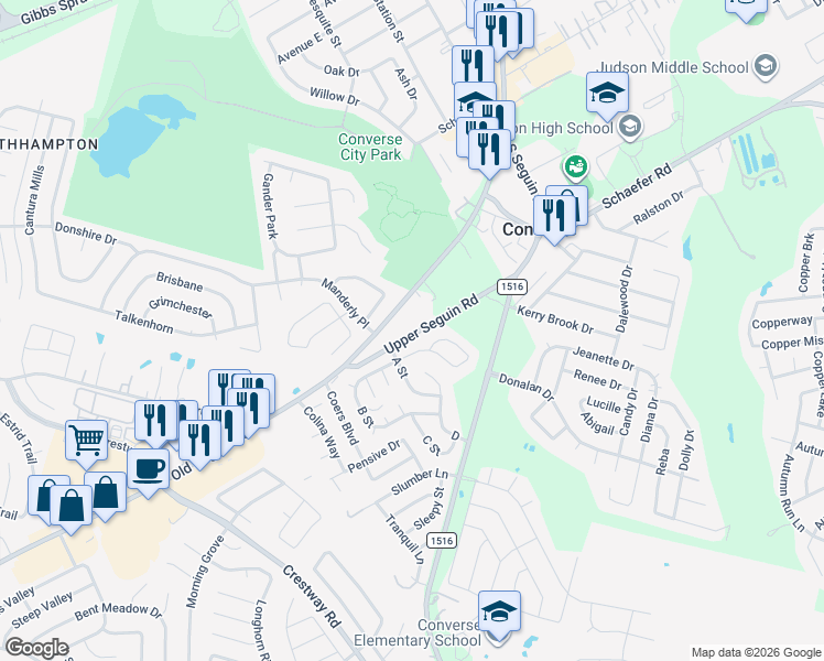 map of restaurants, bars, coffee shops, grocery stores, and more near 7701 Upper Seguin Road in Converse