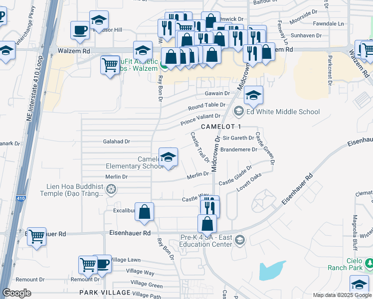 map of restaurants, bars, coffee shops, grocery stores, and more near 5527 Castle Trail Drive in San Antonio
