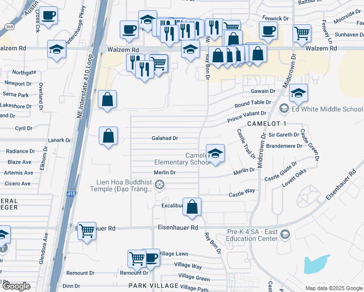map of restaurants, bars, coffee shops, grocery stores, and more near 5131 Galahad Drive in San Antonio