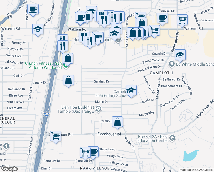 map of restaurants, bars, coffee shops, grocery stores, and more near 5103 Galahad Drive in San Antonio