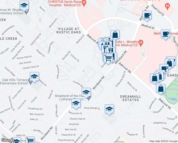 map of restaurants, bars, coffee shops, grocery stores, and more near 7223 Snowden Road in San Antonio