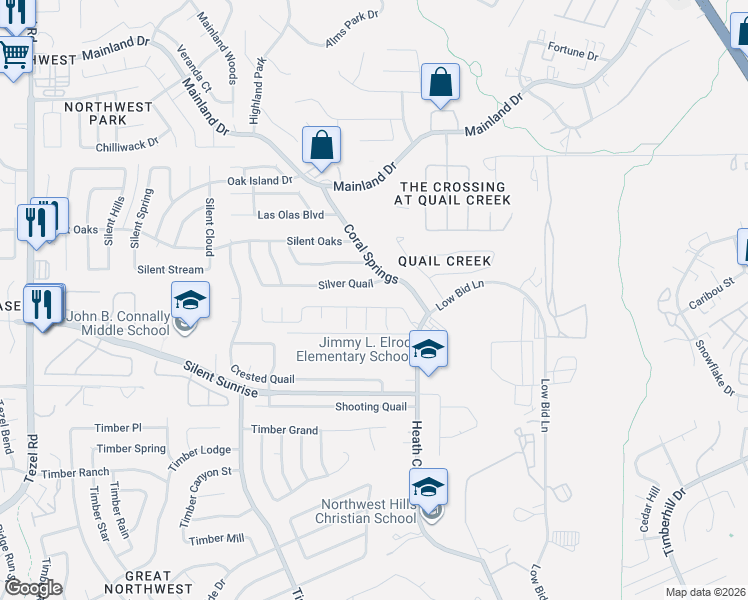 map of restaurants, bars, coffee shops, grocery stores, and more near 8607 Silver Quail in San Antonio