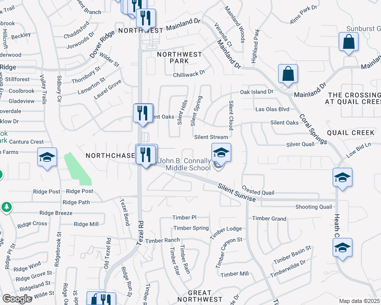 map of restaurants, bars, coffee shops, grocery stores, and more near 6131 Rolling Forest Drive in San Antonio