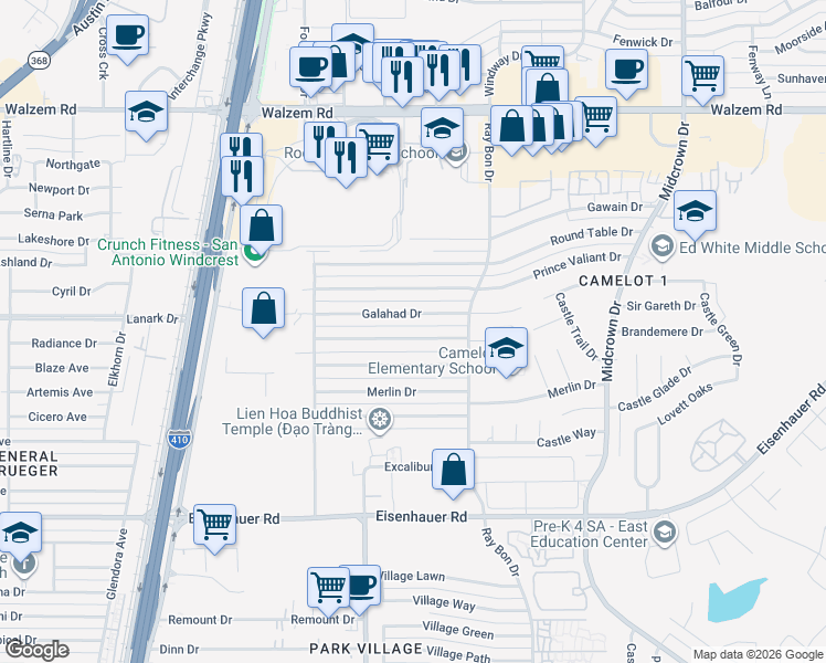 map of restaurants, bars, coffee shops, grocery stores, and more near 5103 Galahad Drive in San Antonio