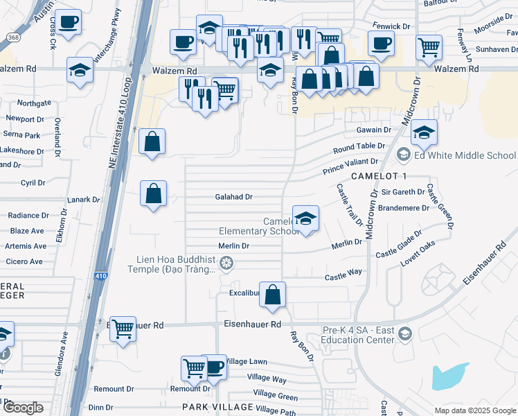 map of restaurants, bars, coffee shops, grocery stores, and more near 5131 Galahad Drive in San Antonio