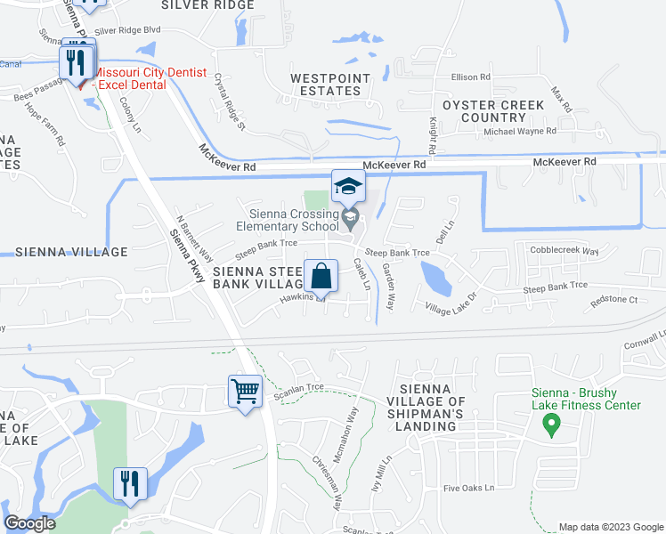 map of restaurants, bars, coffee shops, grocery stores, and more near 10003 Caleb Way in Missouri City
