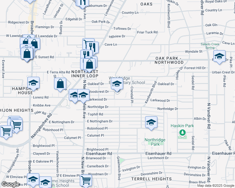 map of restaurants, bars, coffee shops, grocery stores, and more near 100 Woodridge Drive in San Antonio