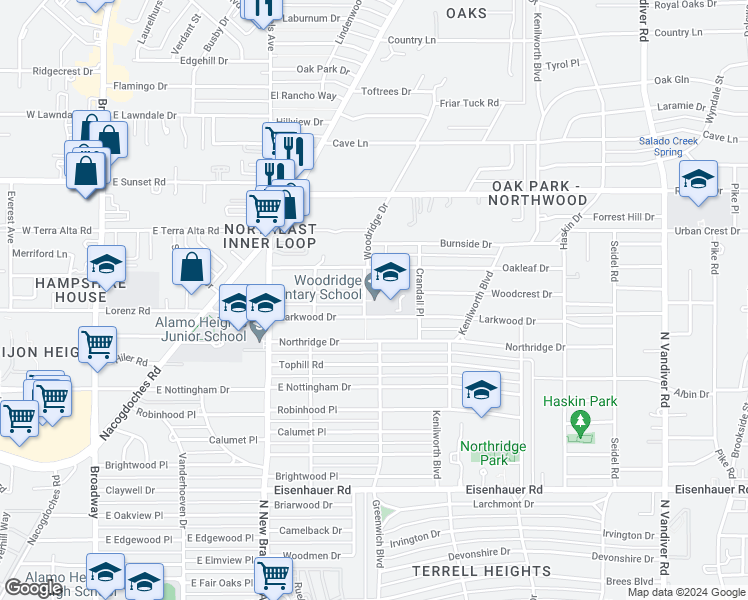 map of restaurants, bars, coffee shops, grocery stores, and more near 100 Woodridge Drive in San Antonio