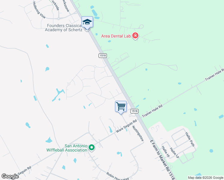 map of restaurants, bars, coffee shops, grocery stores, and more near 7809 Farm to Market Road 1518 in Schertz