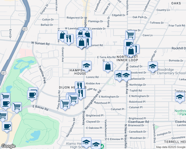 map of restaurants, bars, coffee shops, grocery stores, and more near 7800 Broadway Street in San Antonio