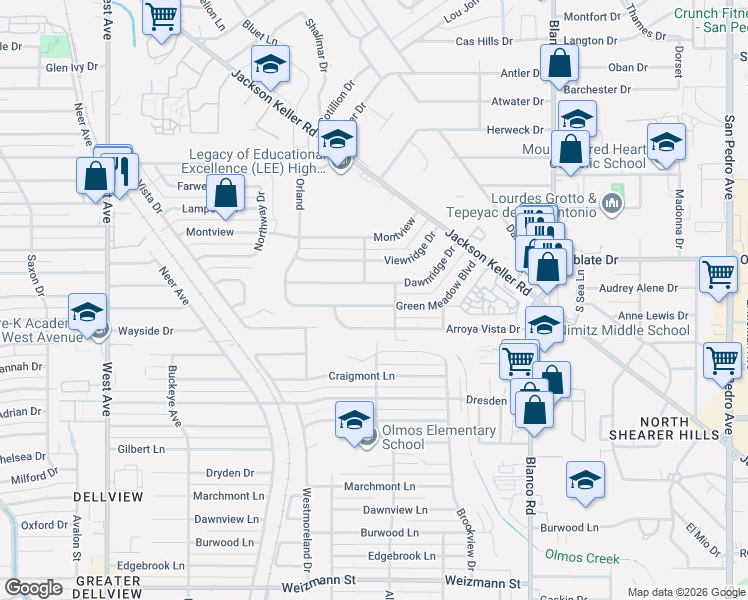 map of restaurants, bars, coffee shops, grocery stores, and more near 307 Dawnridge Drive in San Antonio