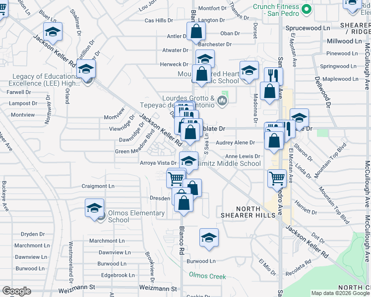 map of restaurants, bars, coffee shops, grocery stores, and more near Blanco Road & Jackson Keller Road in San Antonio