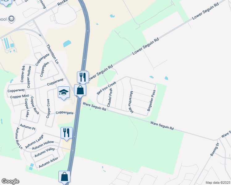 map of restaurants, bars, coffee shops, grocery stores, and more near 7707 Brisbane Bend in Converse