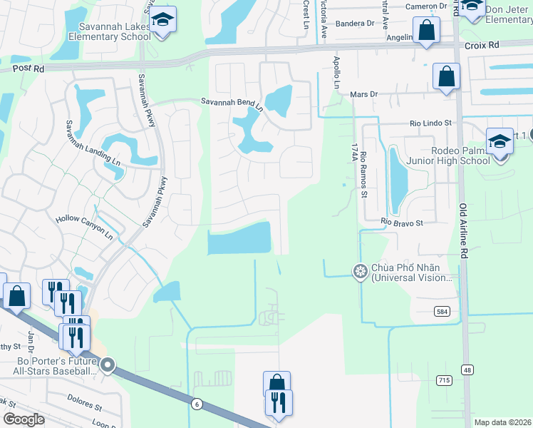 map of restaurants, bars, coffee shops, grocery stores, and more near 13204 Baron Hill Lane in Rosharon
