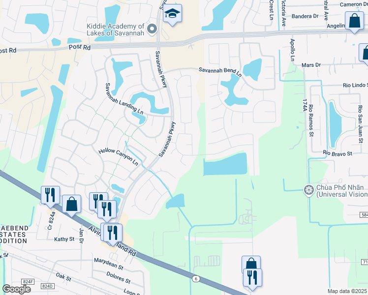 map of restaurants, bars, coffee shops, grocery stores, and more near 5503 Lilywood Lane in Rosharon