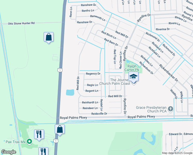 map of restaurants, bars, coffee shops, grocery stores, and more near 34 Regency Drive in Palm Coast