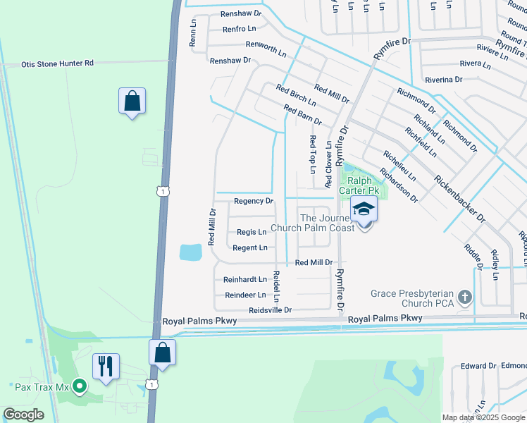 map of restaurants, bars, coffee shops, grocery stores, and more near 34 Regency Drive in Palm Coast