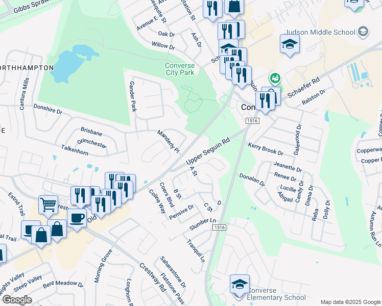 map of restaurants, bars, coffee shops, grocery stores, and more near 7709 Old Seguin Road in Converse