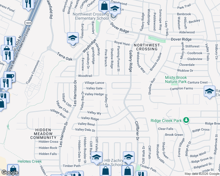 map of restaurants, bars, coffee shops, grocery stores, and more near 6250 Valley Cliff in San Antonio