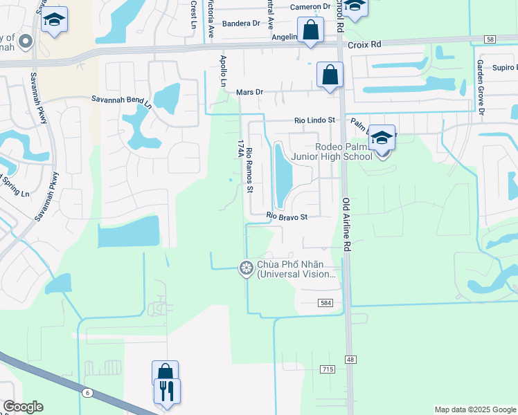 map of restaurants, bars, coffee shops, grocery stores, and more near 5510 Rio Alamo Street in Rosharon