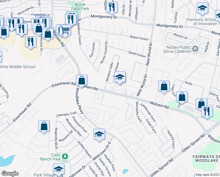 map of restaurants, bars, coffee shops, grocery stores, and more near 6409 Walzem Road in San Antonio