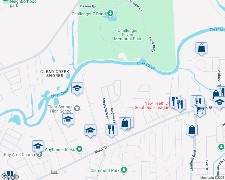 map of restaurants, bars, coffee shops, grocery stores, and more near 431 Magnolia Blossom in League City