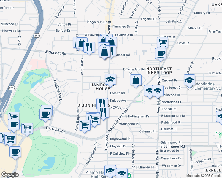 map of restaurants, bars, coffee shops, grocery stores, and more near 7800 Broadway Street in San Antonio