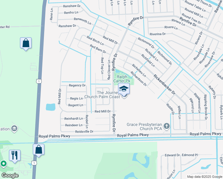 map of restaurants, bars, coffee shops, grocery stores, and more near 1385 Rymfire Drive in Palm Coast