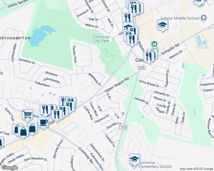 map of restaurants, bars, coffee shops, grocery stores, and more near 7709 Old Seguin Road in Converse