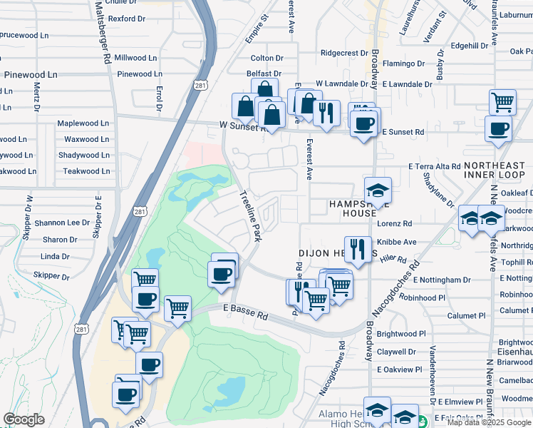 map of restaurants, bars, coffee shops, grocery stores, and more near 250 Treeline Park in San Antonio