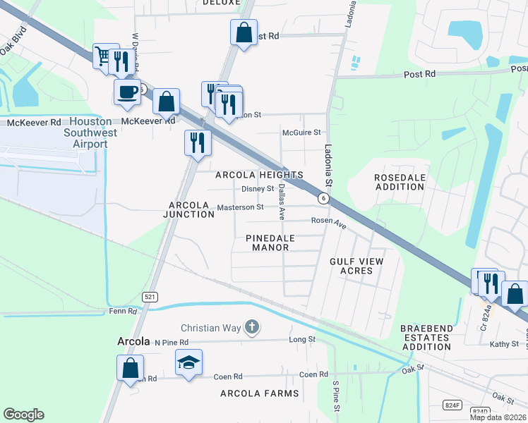 map of restaurants, bars, coffee shops, grocery stores, and more near 221 Masterson Street in Rosharon