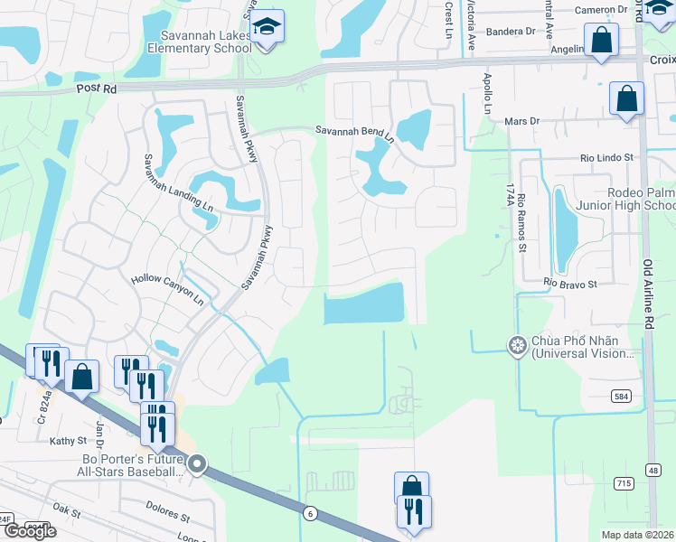 map of restaurants, bars, coffee shops, grocery stores, and more near 13403 Baron Hill Lane in Rosharon