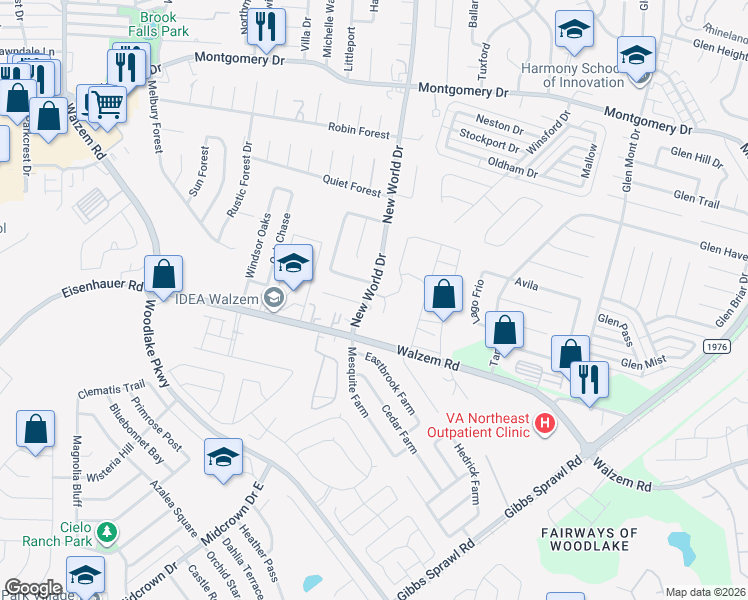 map of restaurants, bars, coffee shops, grocery stores, and more near 7902 New World Drive in San Antonio