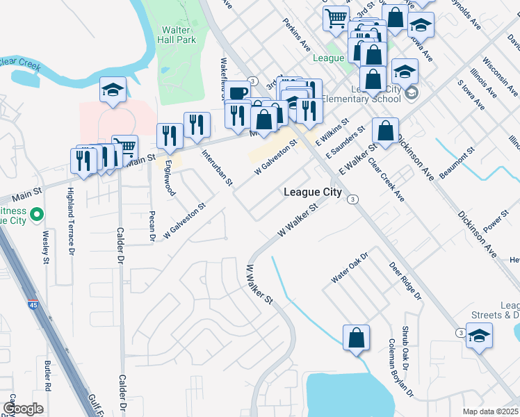 map of restaurants, bars, coffee shops, grocery stores, and more near 310 West Wilkins Street in League City